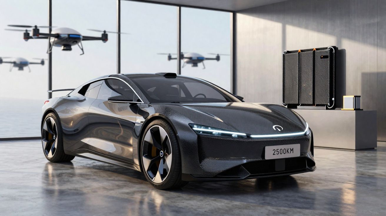 Sleek black sports electric car parked in modern showroom with drones flying outside large windows.