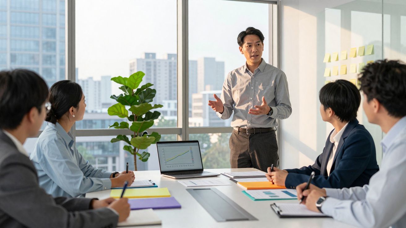 Businessman presenting data to colleagues in a modern office meeting room with large windows and city view.