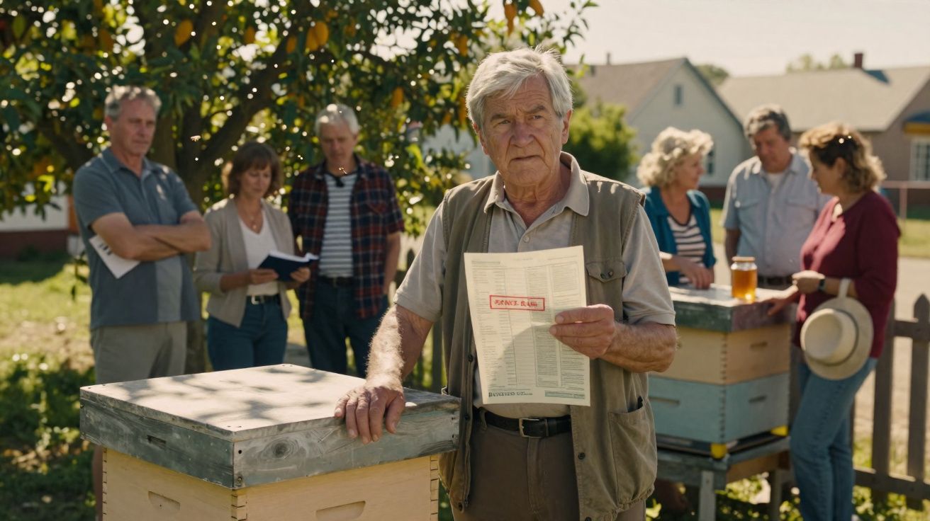 Elderly man holding a paper near beehives with a group of people discussing in the background outdoors.