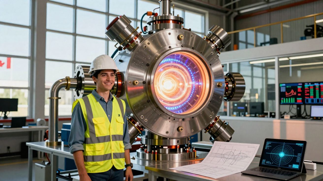 Engineer in safety helmet and vest standing next to a glowing scientific machine in a modern laboratory.