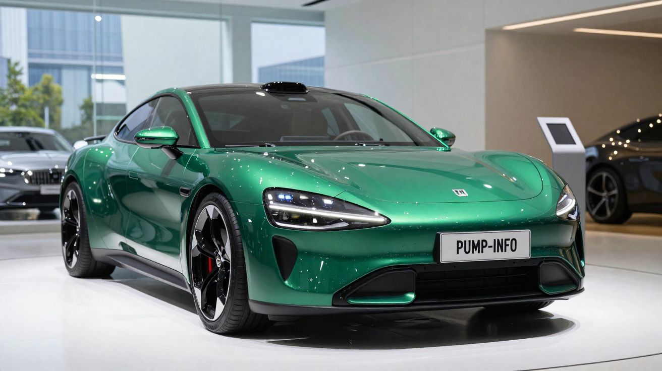 Green sleek sports car with futuristic headlights displayed in a modern showroom environment