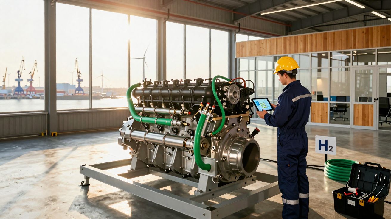 Engineer in a hard hat inspecting a hydrogen fuel cell engine inside an industrial workshop by large windows.