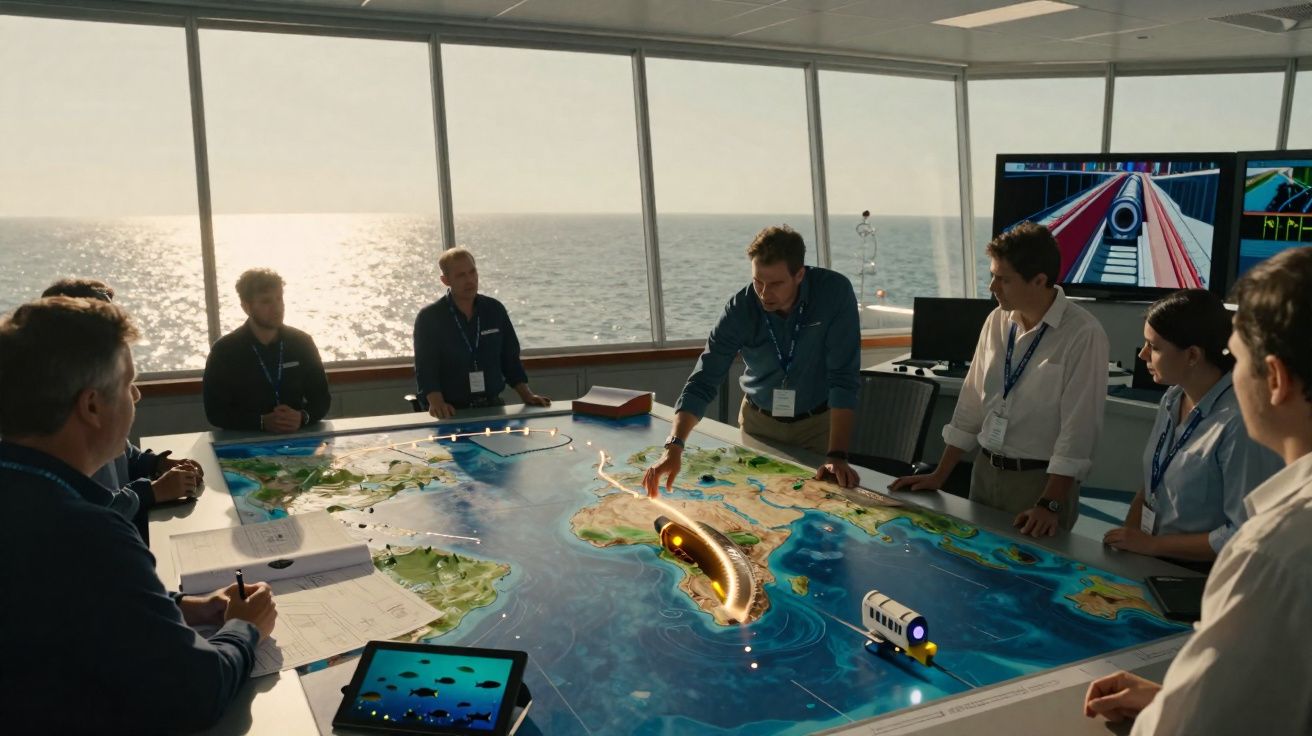 Team of professionals analysing a 3D ocean map with underwater vehicles in a bright control room by the sea.