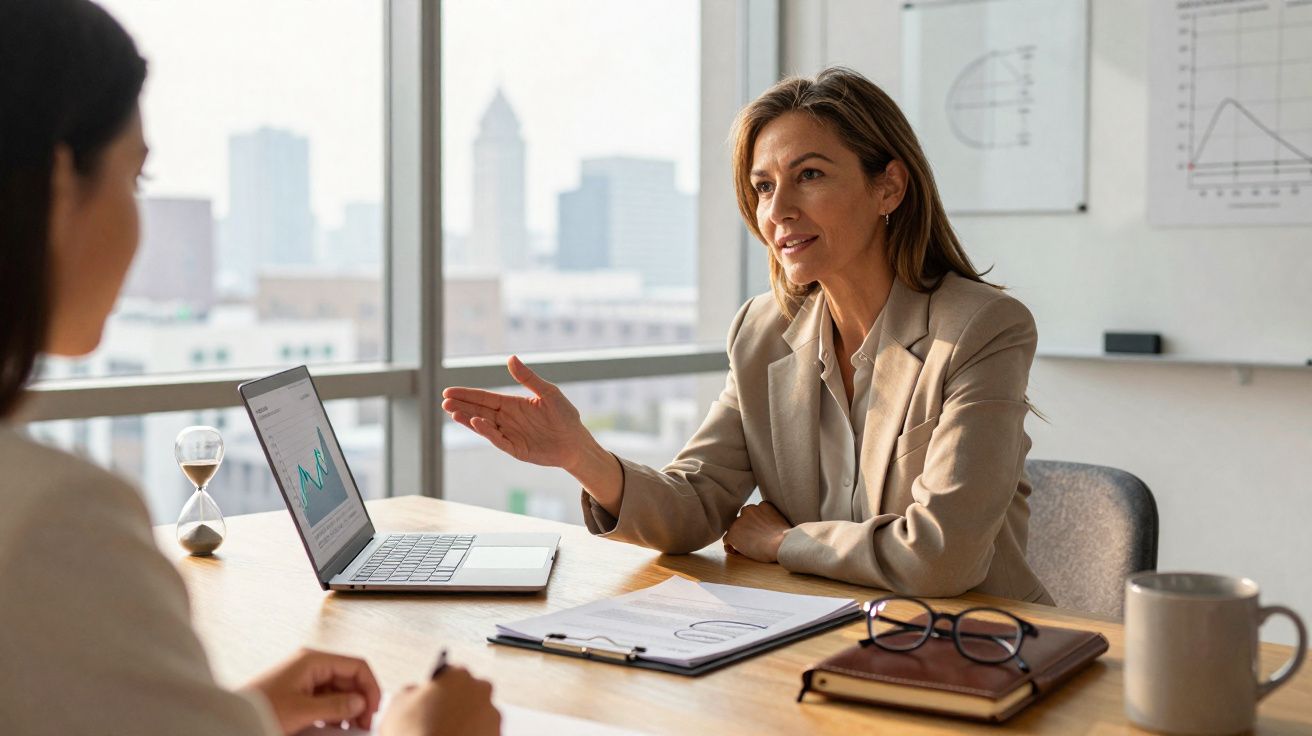 Two women in a business meeting with charts on a laptop and wall, discussing in a bright office.