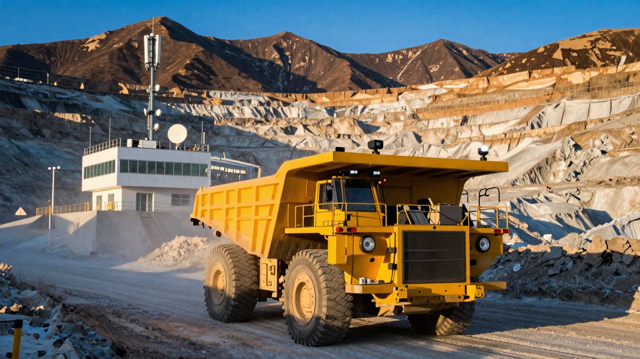 Large yellow mining dump truck on dusty road with terraced quarry and mountains in bright sunlight