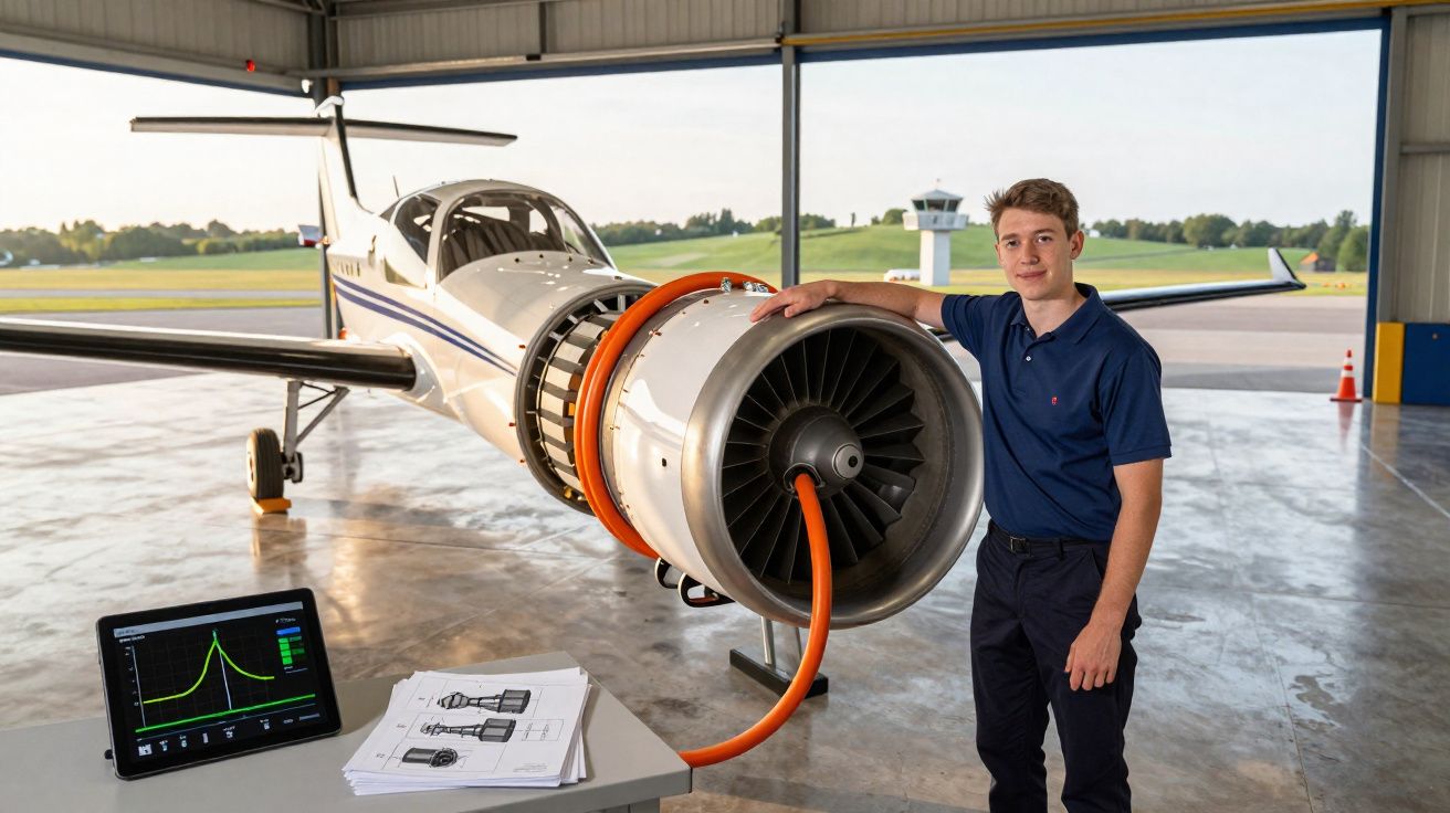 Young man standing beside an experimental jet engine attached to a light aircraft in a hangar.