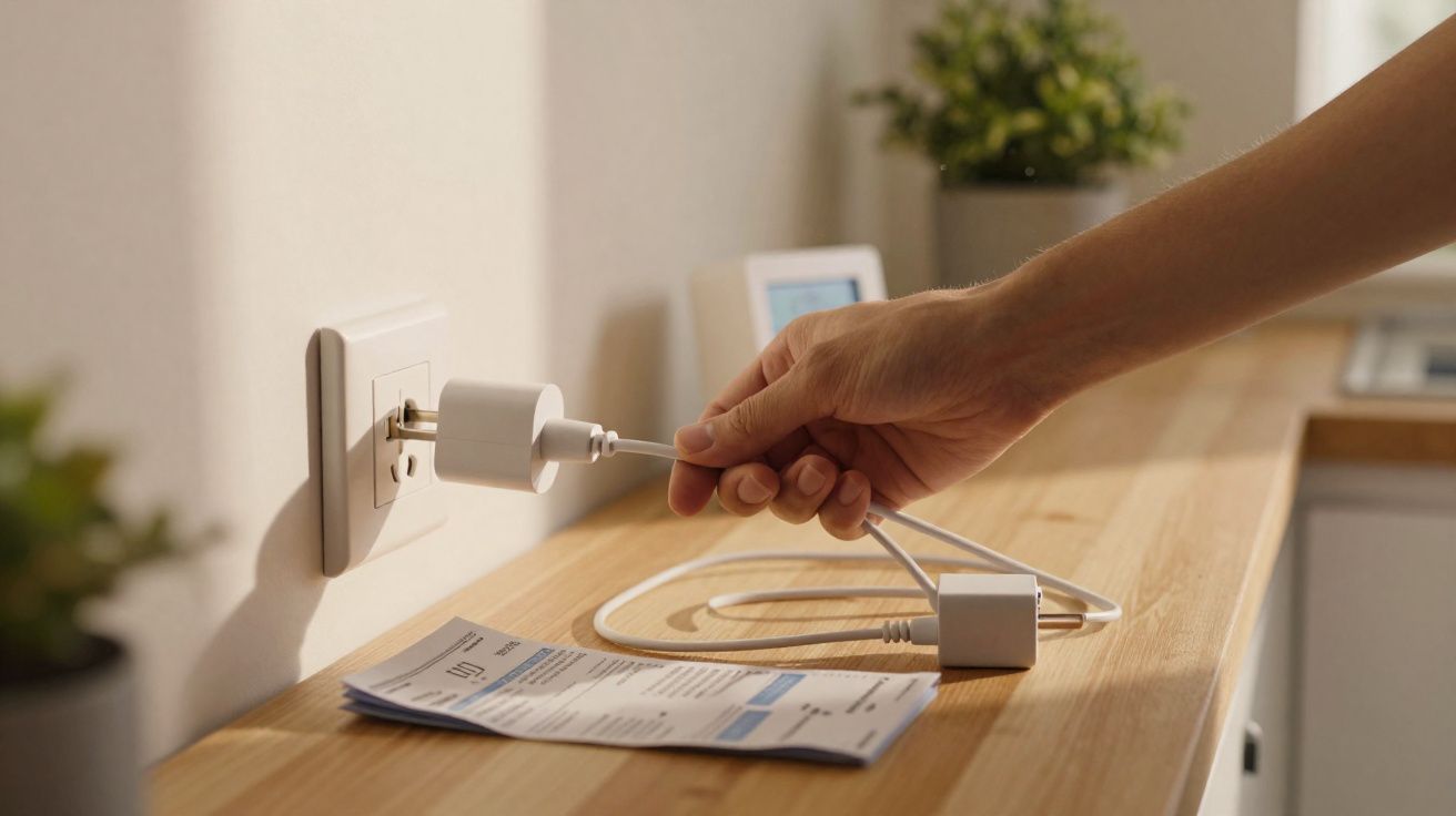 Hand plugging a white charger into a wall socket on a wooden surface with papers and a plant nearby.