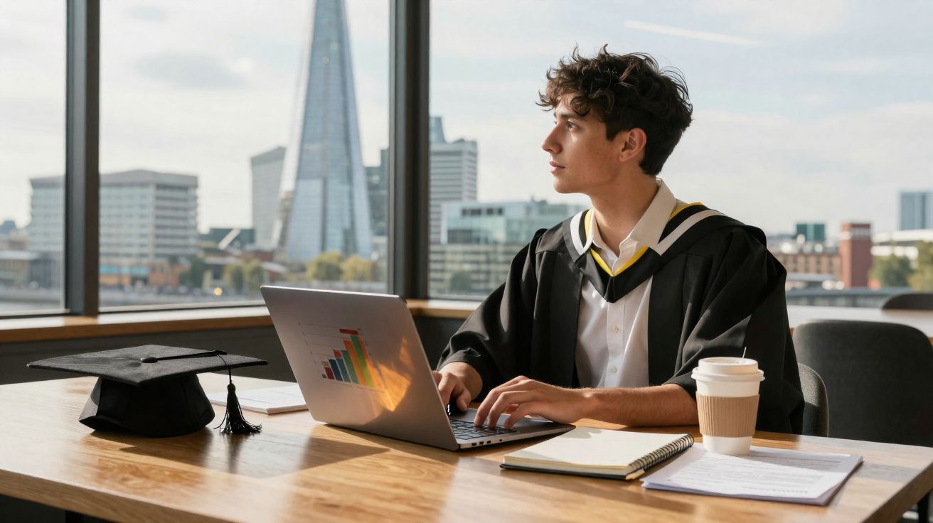 Graduate in gown working on laptop at desk with London skyline in background and graduation cap nearby.