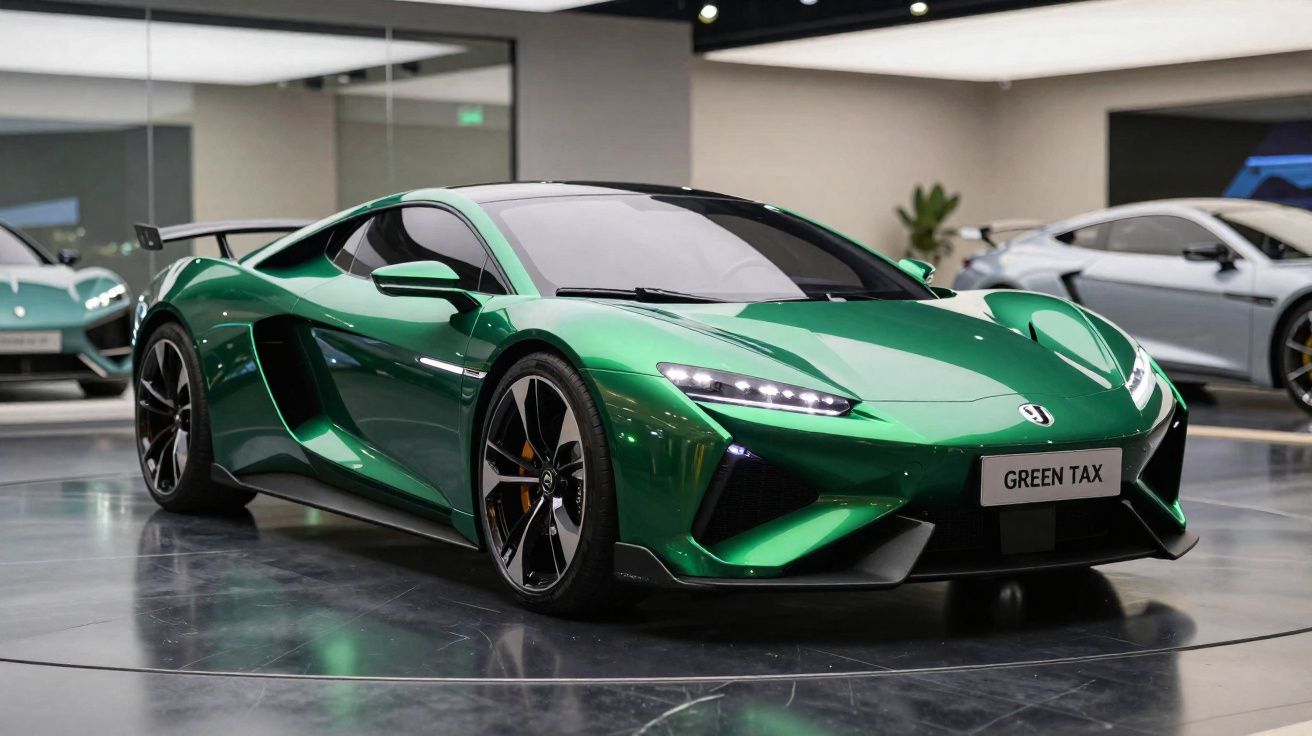 Green sleek sports car with aerodynamic design displayed in a showroom with other vehicles background.