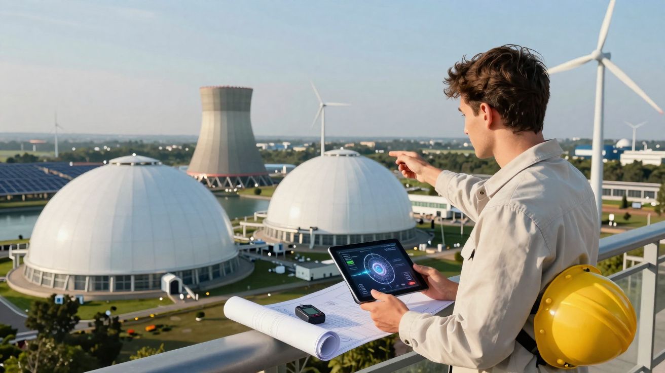 Engineer with tablet and blueprints overlooking renewable energy plant with wind turbines and cooling towers.