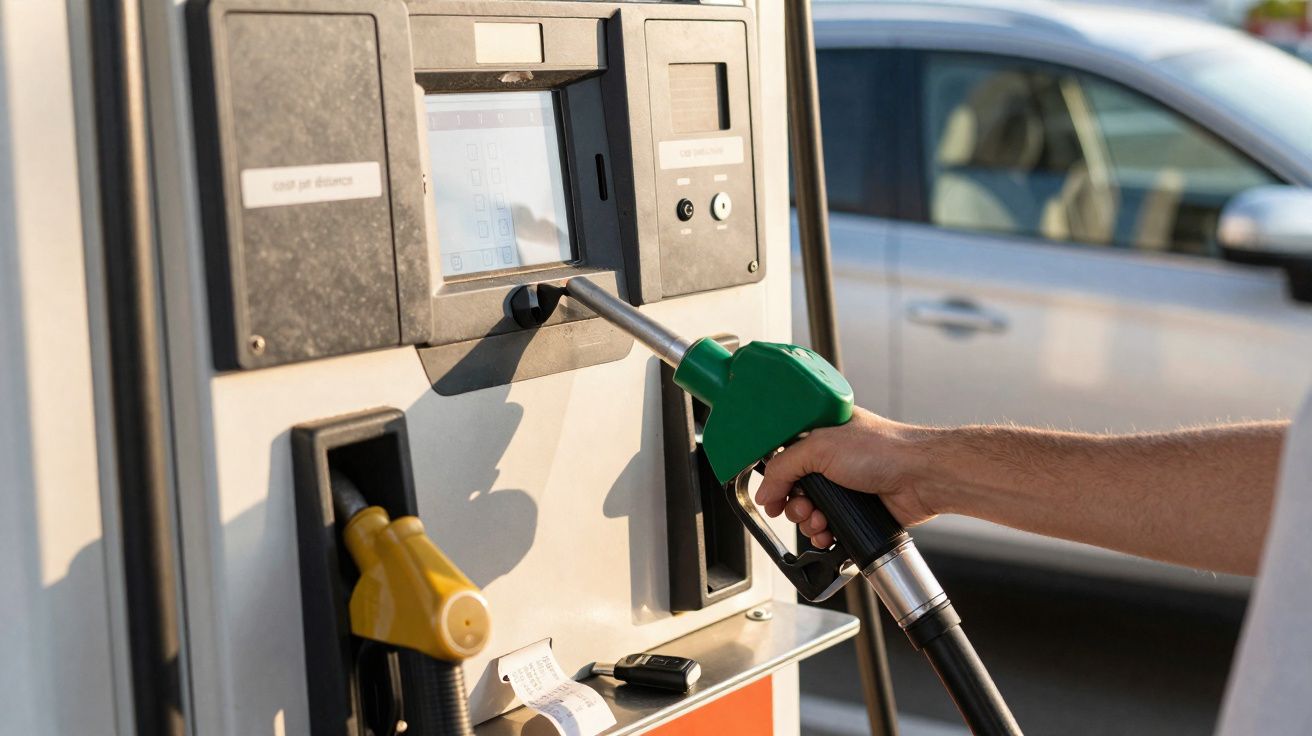 Hand holding green fuel nozzle at petrol pump with a silver car in the background.