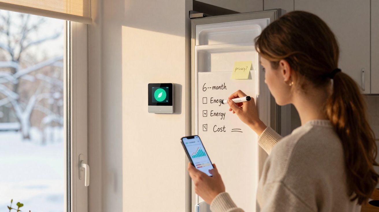 Woman checks energy data on smartphone while writing on fridge notes in a kitchen with a smart thermostat on the wall.