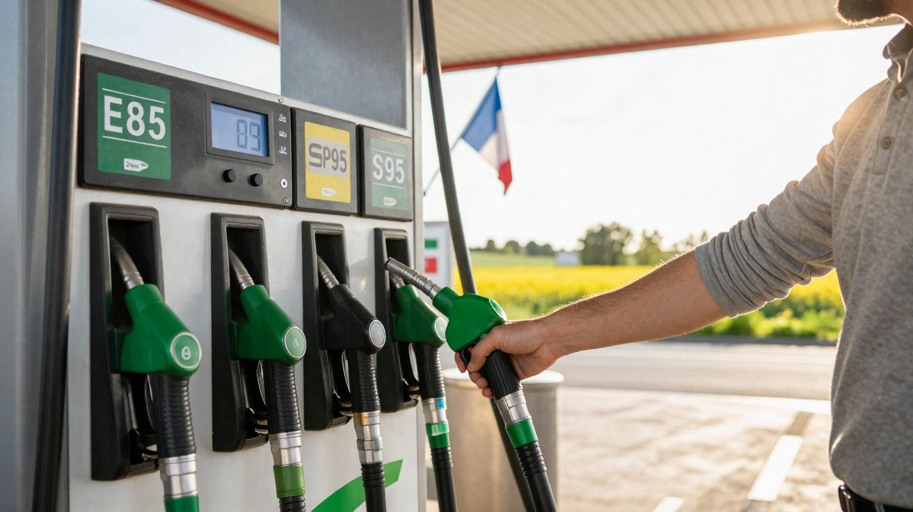 Person holding green petrol pump nozzle at fuel station with French flag in background on sunny day