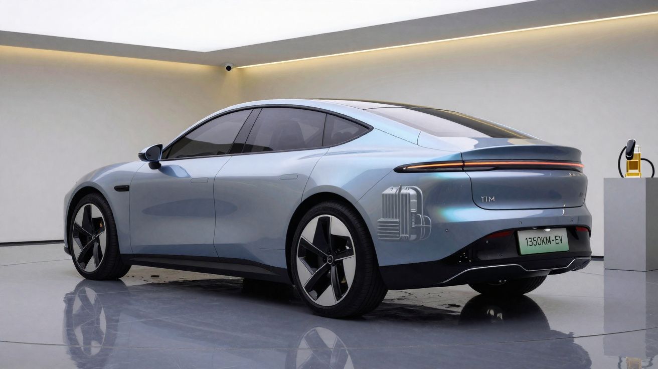 Sleek silver electric car with tinted windows displayed in a minimalist showroom with reflective floor.