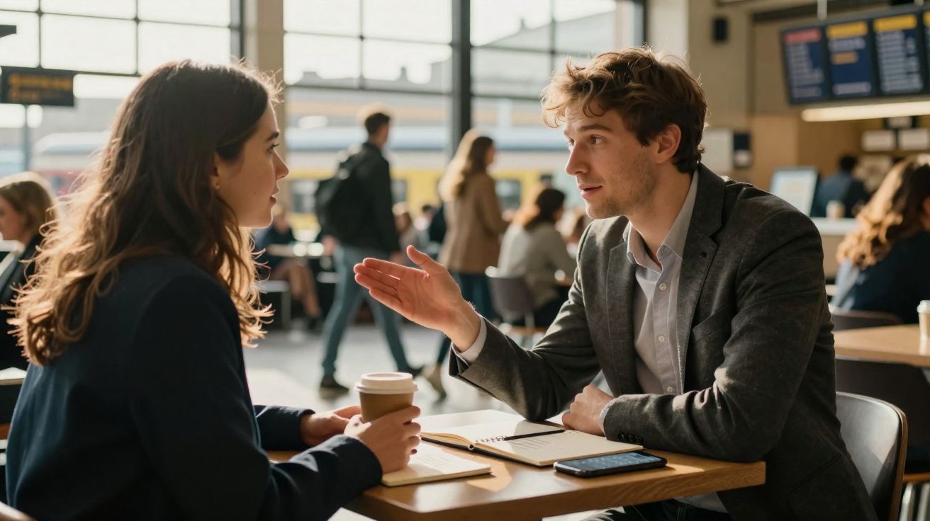 Two people having a serious conversation over coffee at a busy café table with notebooks and a smartphone.