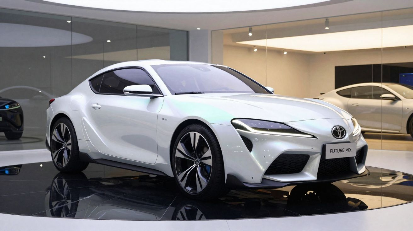 White Toyota sports coupe displayed indoors on a glossy black platform with modern showroom background.