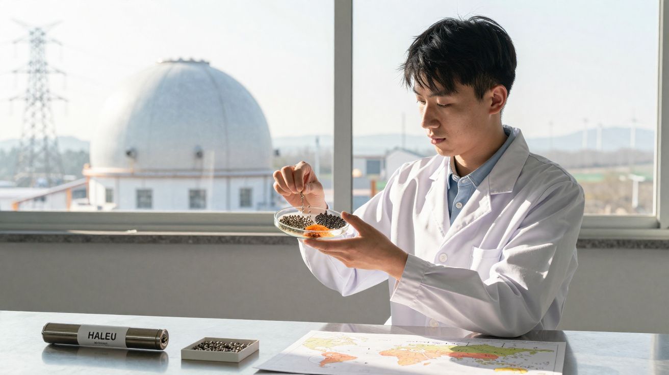 Scientist in a lab coat examining seeds on a plate beside a world map and labelled container.