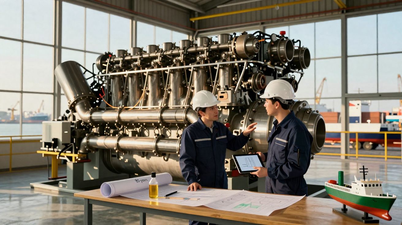 Two engineers in helmets discuss near a large industrial engine and ship model in a bright workshop.