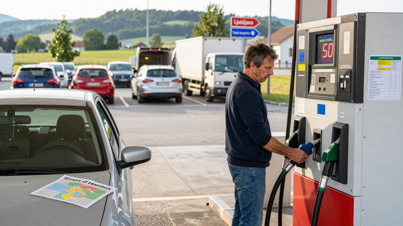 Man in blue sweater refuelling a car at a petrol station with cars and hills in the background.