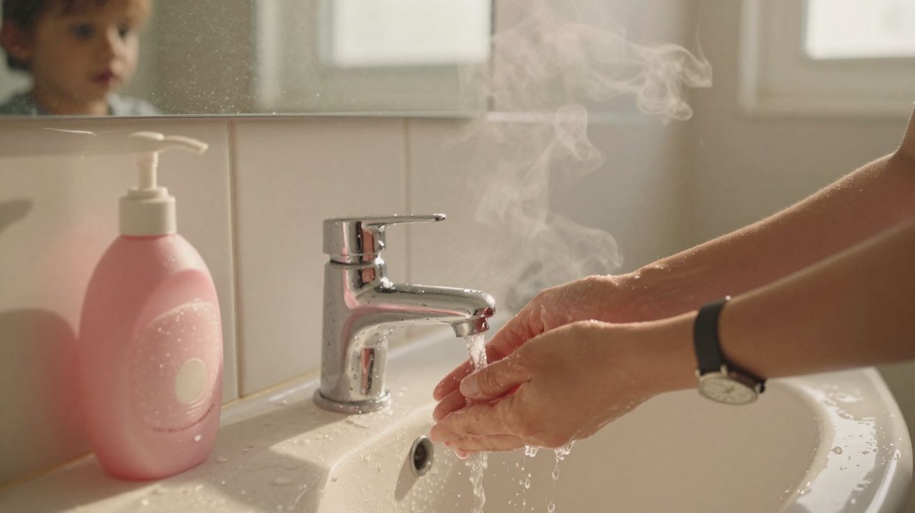 Steam rising as warm water flows over hands under a bathroom tap next to a pink soap dispenser