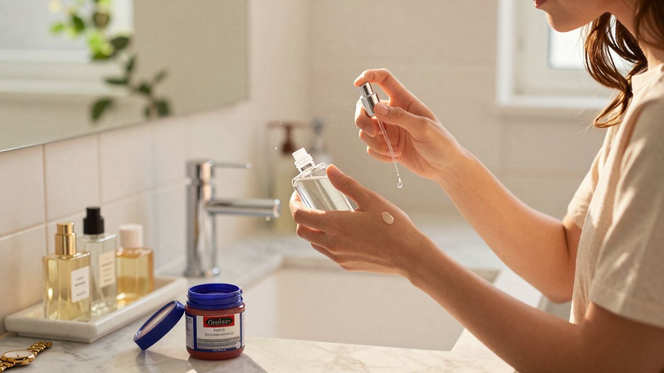Woman applying serum from a dropper bottle onto her hand at a bathroom sink with skincare products nearby.