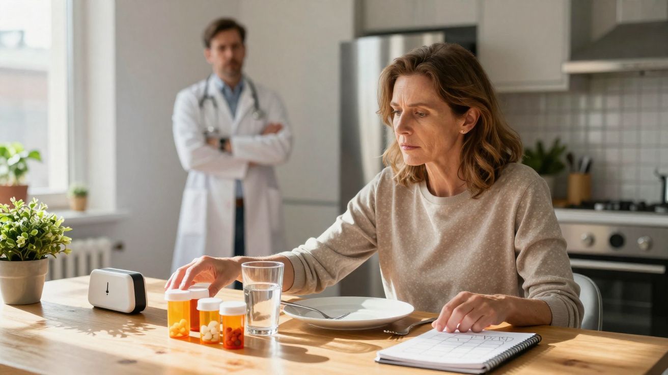 Woman sitting at kitchen table with medication bottles, glass of water, plate, and doctor standing in background.