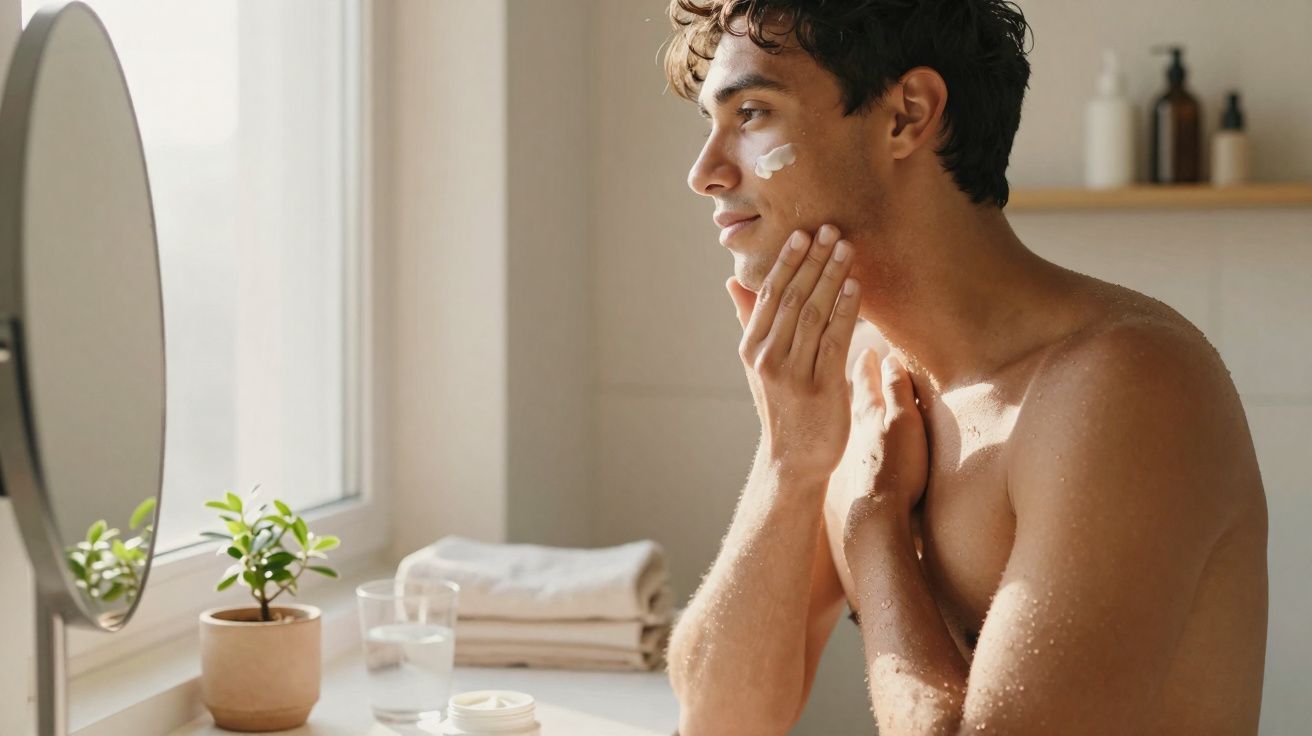 Young man applying face cream while looking into a mirror in a bright bathroom.