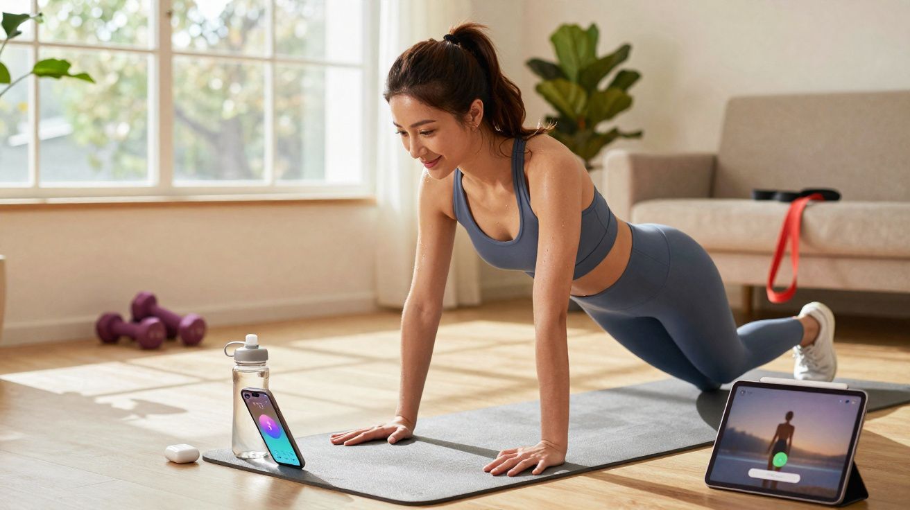Woman in blue sportswear doing plank exercise on mat at home with phone and tablet nearby.