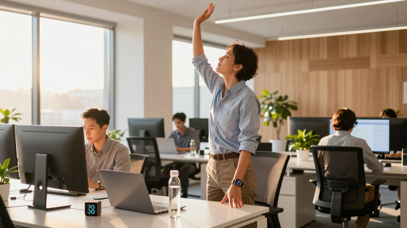 Young professional woman stretching with arm raised at desk in modern open-plan office with colleagues working nearby