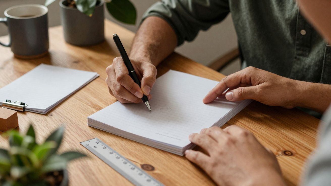Person writing on a blank notepad with a pen at a wooden table with plants and a ruler nearby.