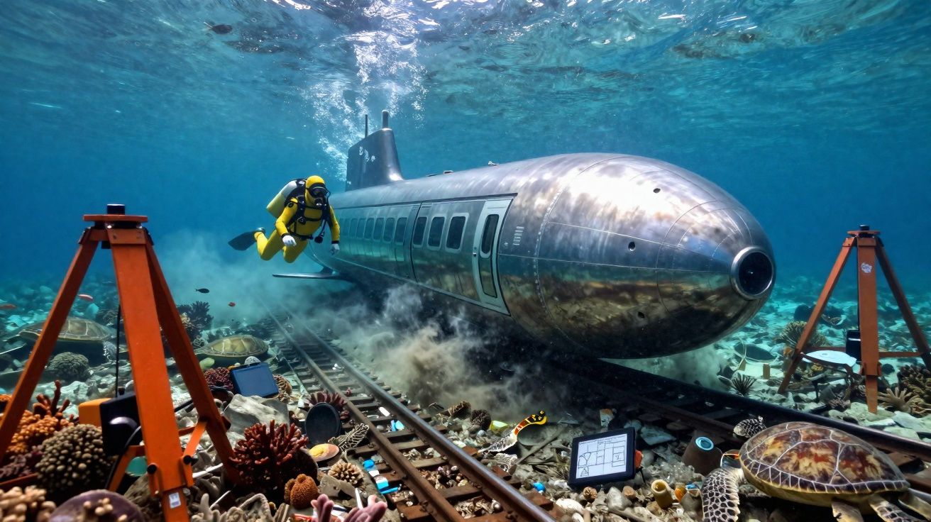 Underwater scene with a diver, submarine on tracks, coral reef, sea turtle, and marine life.