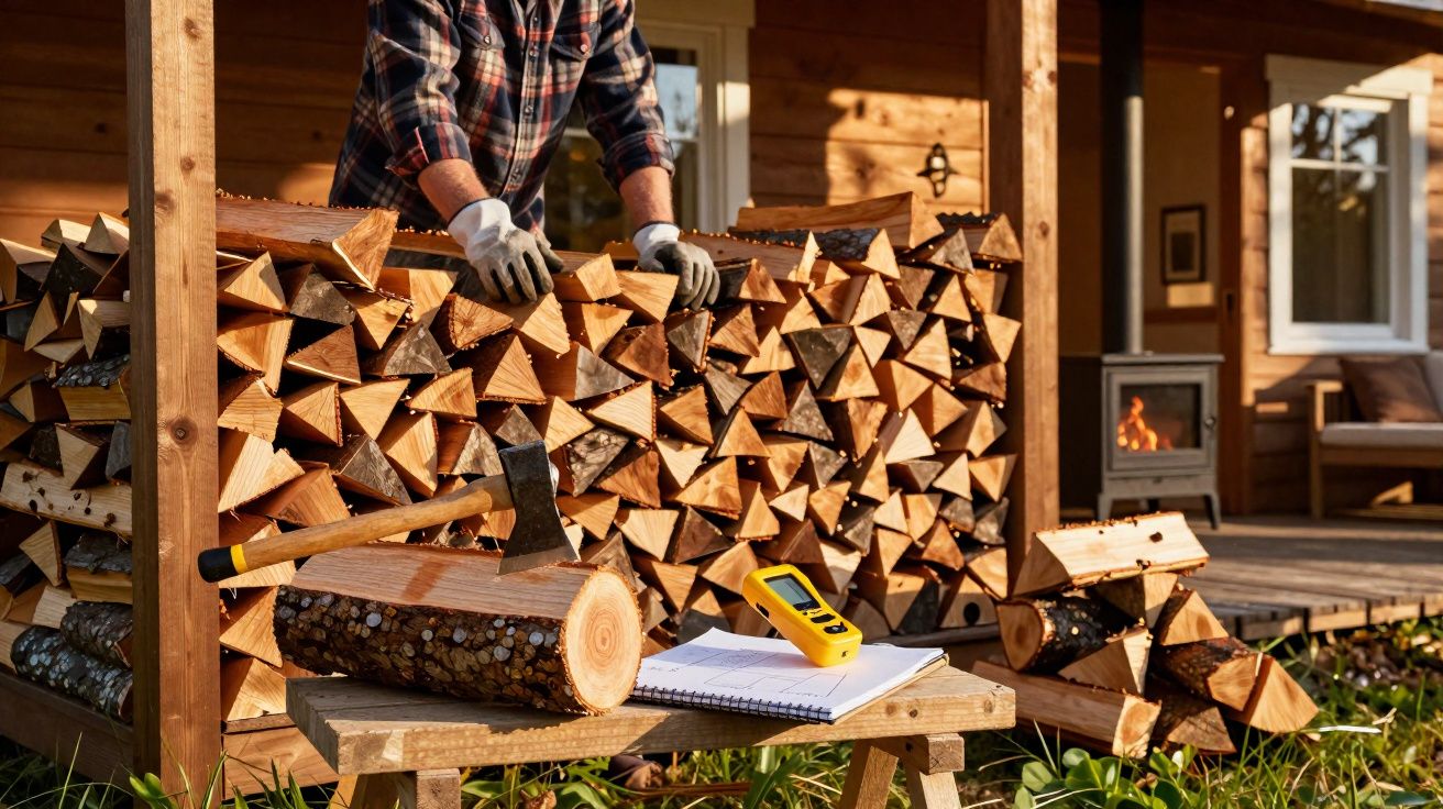 Person stacking chopped firewood outside a wooden cabin with an axe and notepad nearby at sunset.