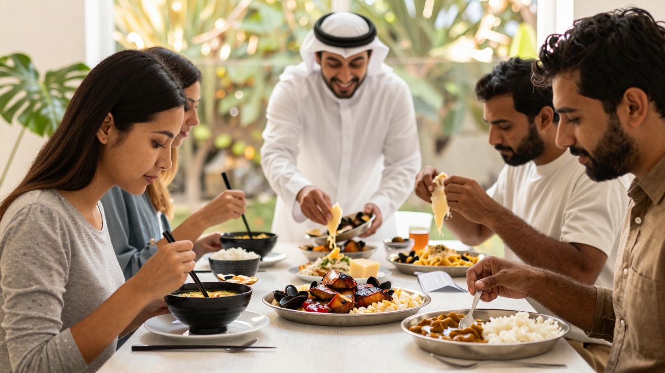 Group of people enjoying a meal together at a table with diverse dishes in a bright, casual setting.