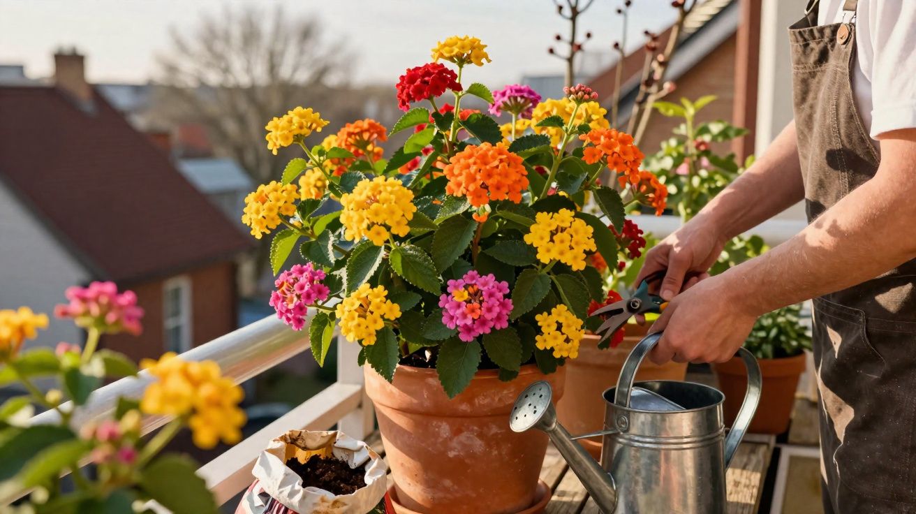 Person pruning colourful lantana flowers in a terracotta pot on a sunny balcony garden.