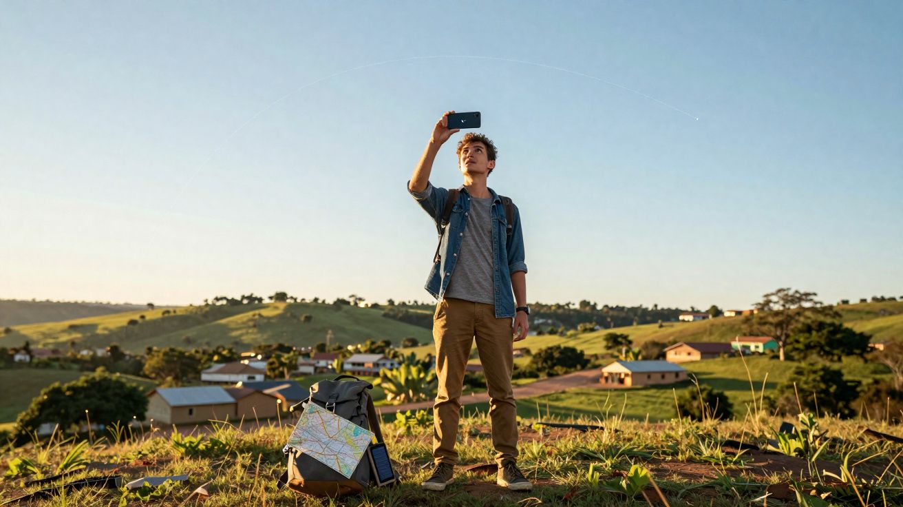 Young man standing in countryside taking a selfie with a map and backpack on the ground beside him.