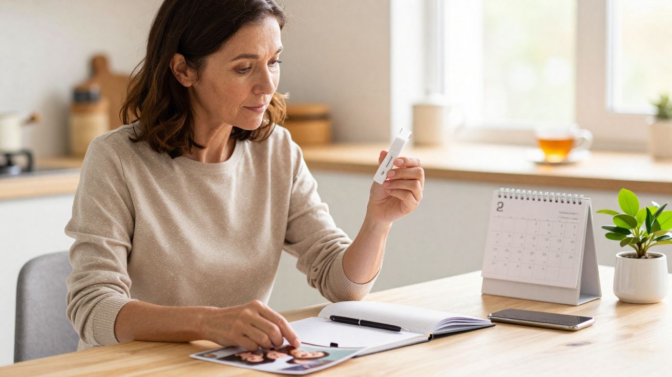 Woman sitting at a table looking at a pregnancy test and a photo, with a calendar and phone nearby.