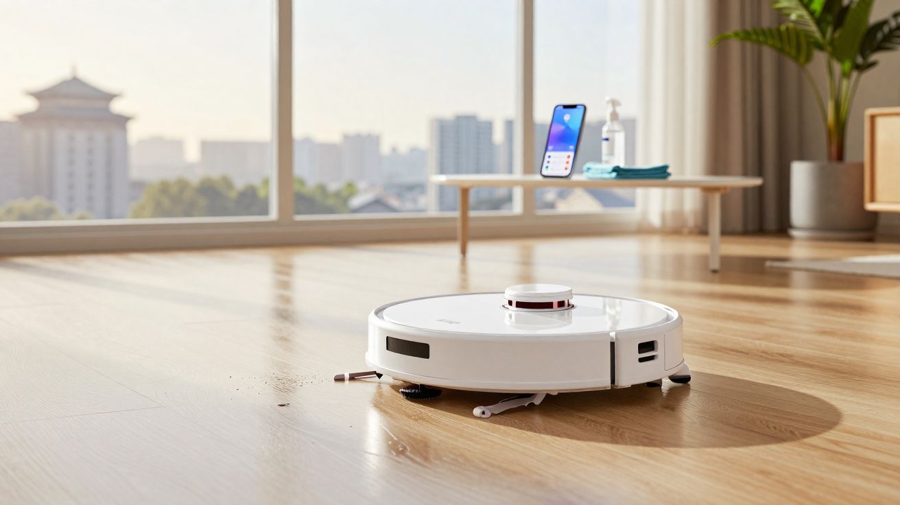 White robot vacuum cleaner cleaning wooden floor near large window in minimalist living room with table and plant