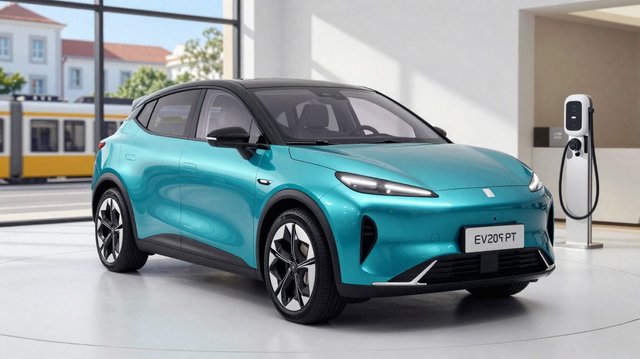 Blue electric SUV parked indoors next to a charging station with buildings and tram outside.