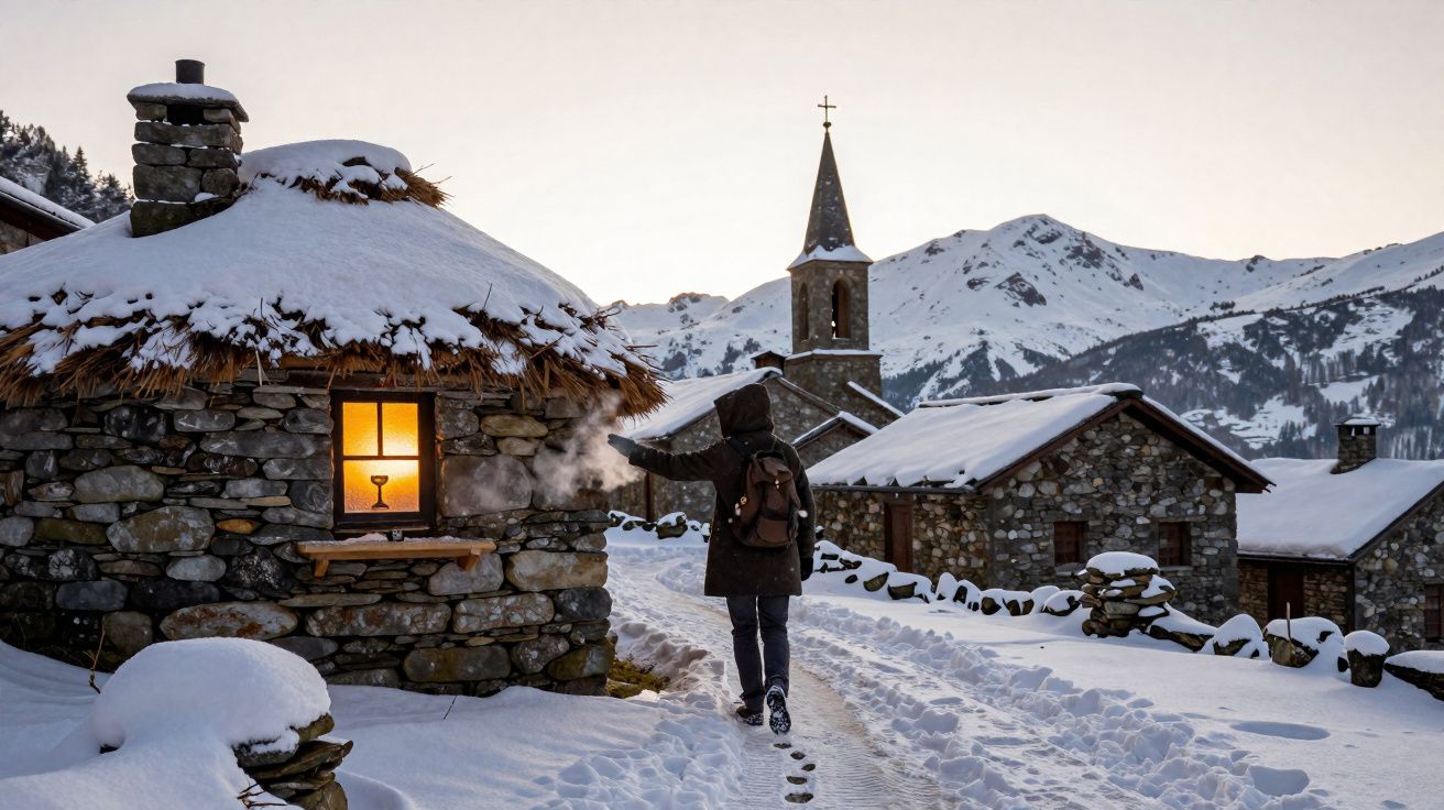 Person walking on snowy path towards stone cottages and a church with snow-covered mountains in the background.