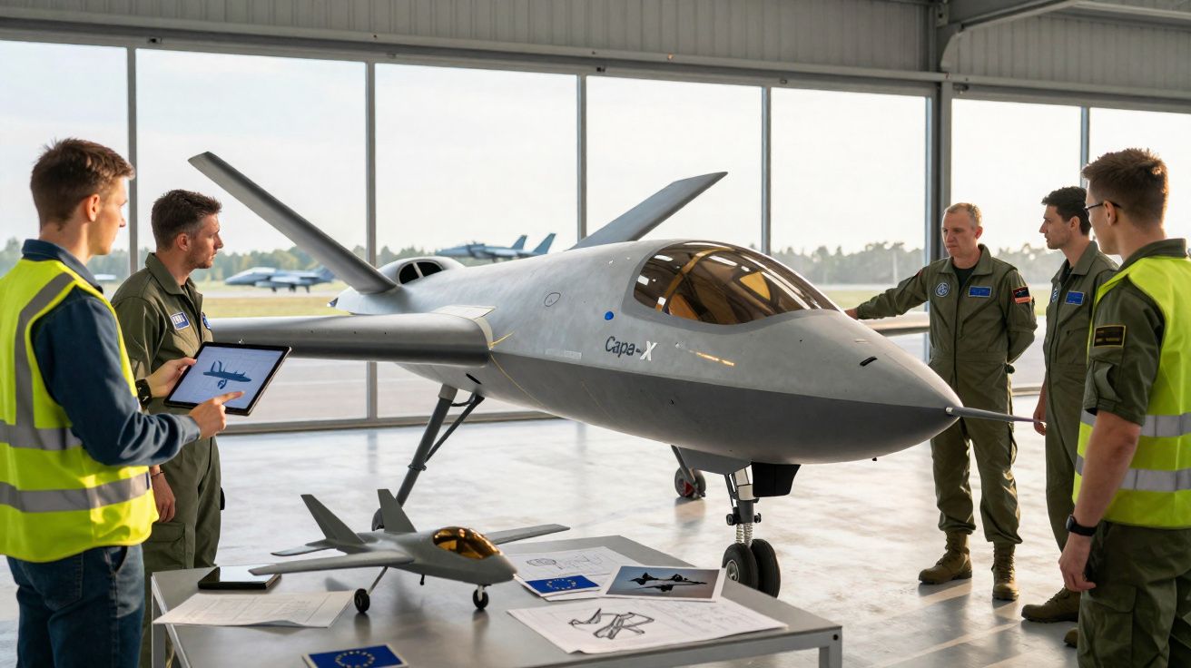 Engineers and military personnel inspecting a prototype drone aircraft in a hangar.