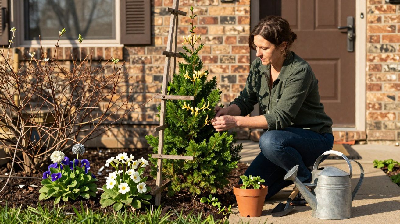 Woman planting and tying a small conifer tree in a garden bed outside a brick house.