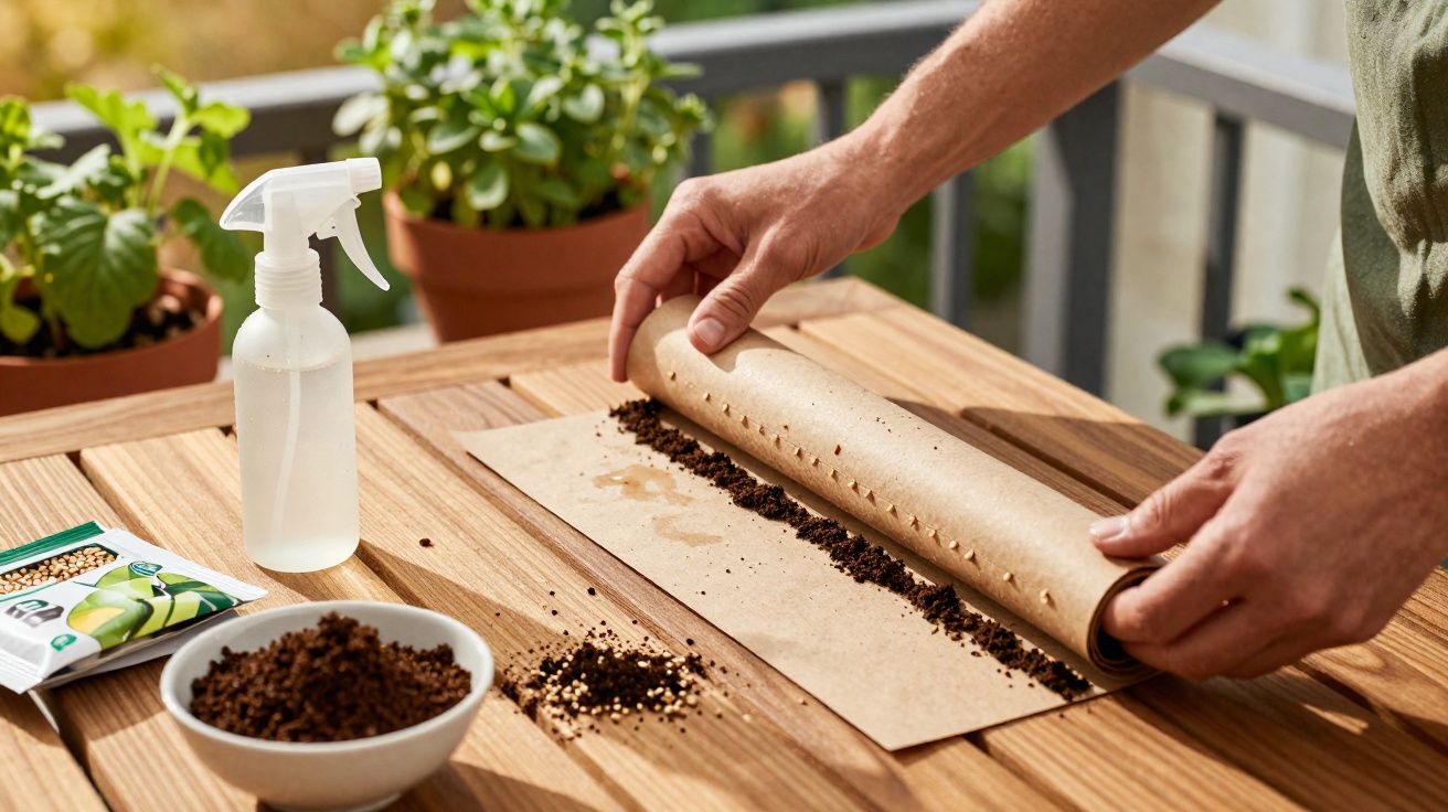 Hands rolling a seed planter strip with soil and seeds on a wooden table with gardening supplies nearby.