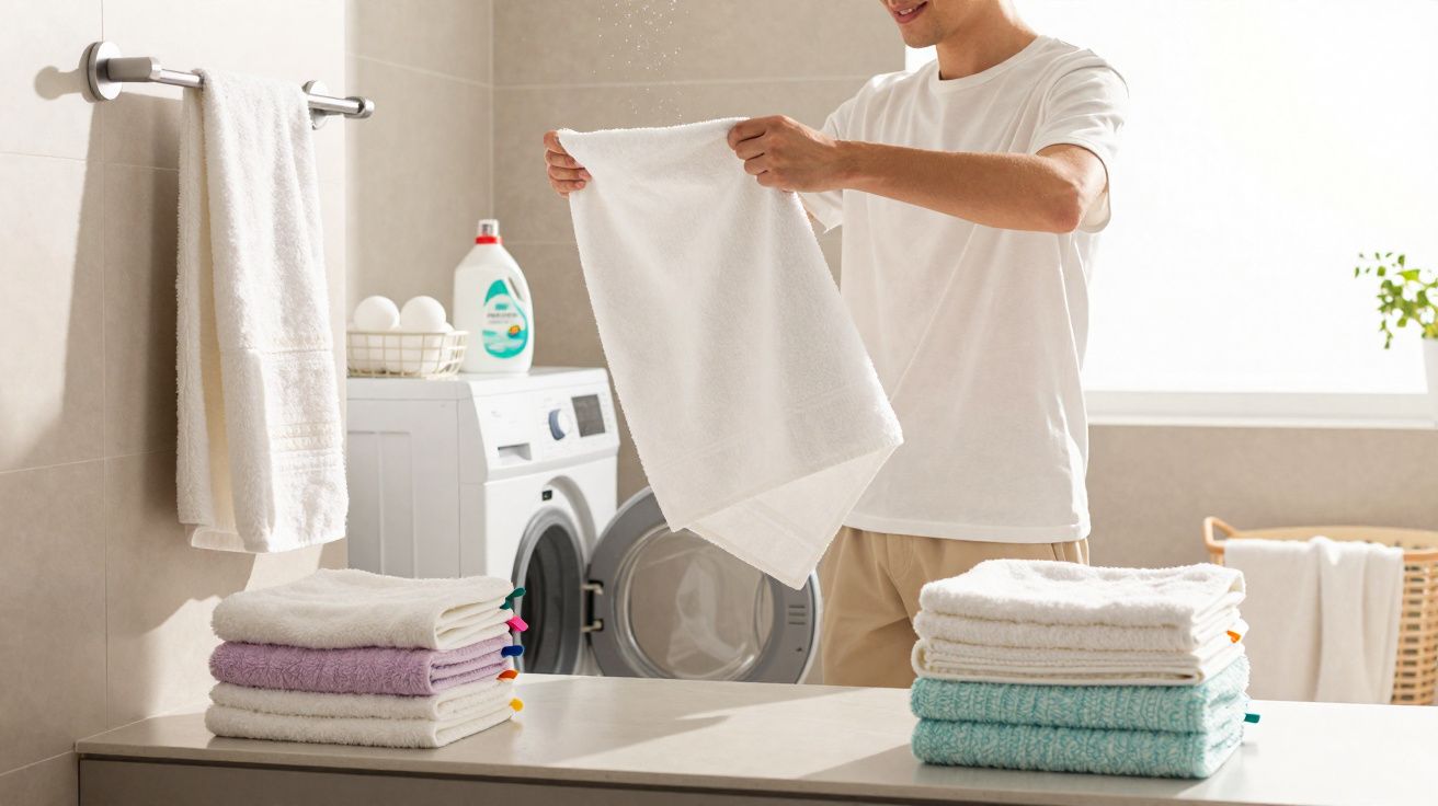 Person folding a white towel in a bright bathroom with a washing machine and folded towels nearby