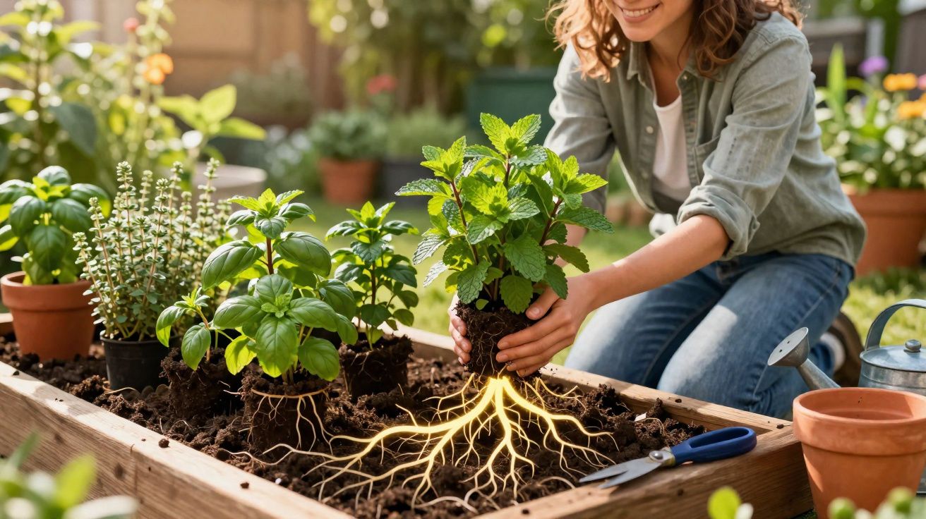 Person planting a herb with visible glowing root system in a raised garden bed outdoors.