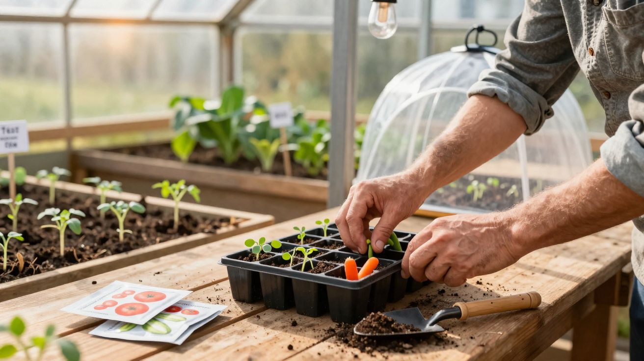 Person planting seedlings in a tray on a wooden table inside a greenhouse with gardening packets nearby.