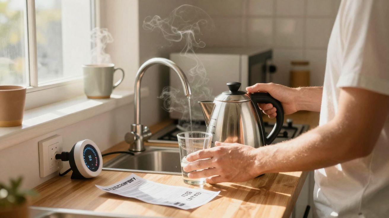 Person pouring hot water from stainless steel kettle into glass on kitchen counter near window and thermostat