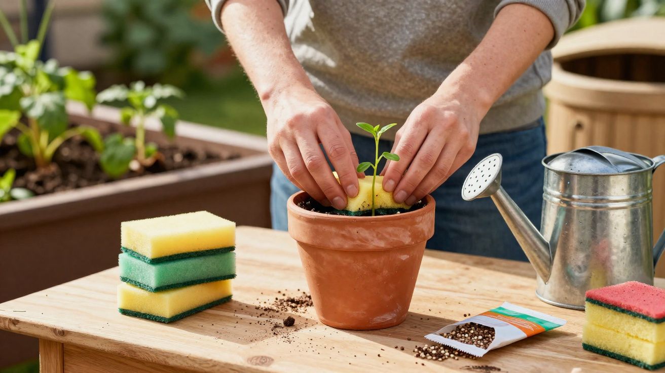 Person using a sponge to gently press soil around a young plant in a terracotta pot on a wooden table.