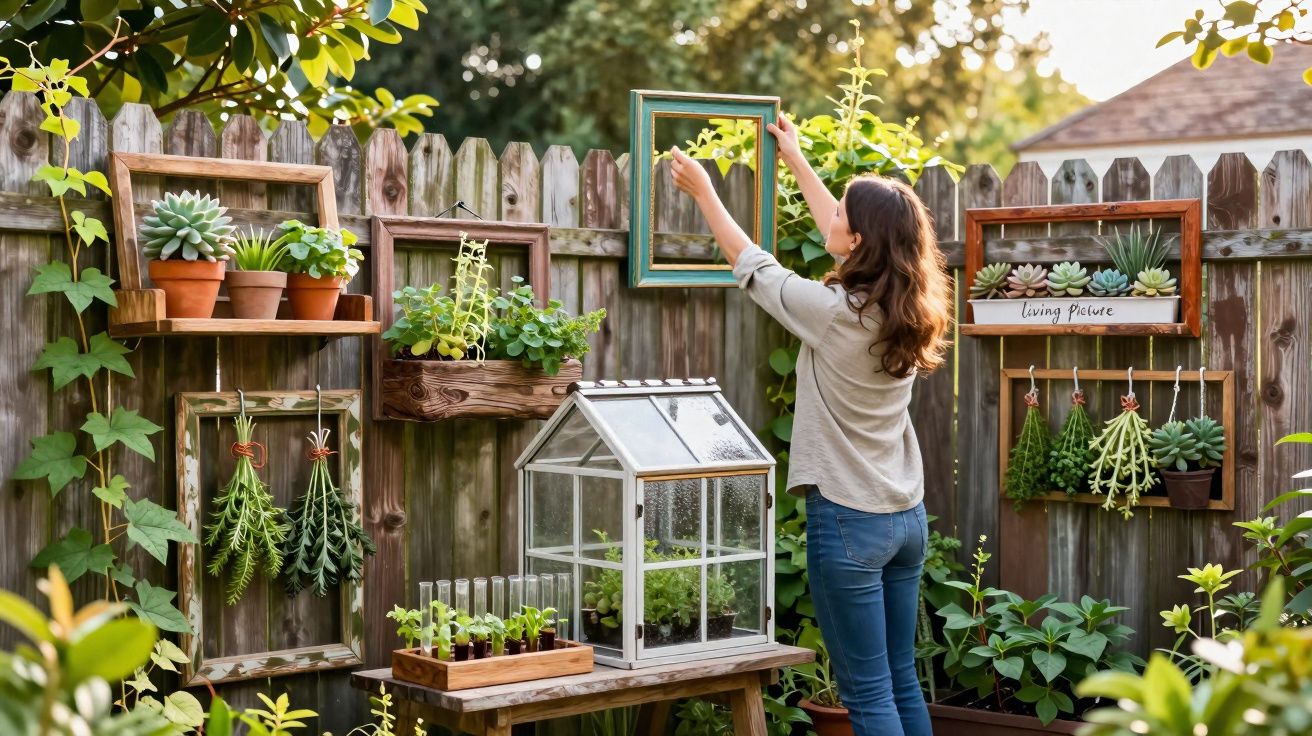 Woman hanging an empty picture frame on a wooden fence in a garden with potted plants and succulents.