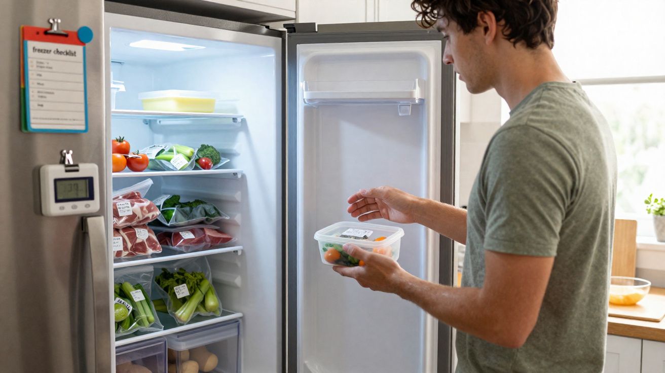 Man placing a container of vegetables into an open fridge filled with fresh produce and packaged meat.