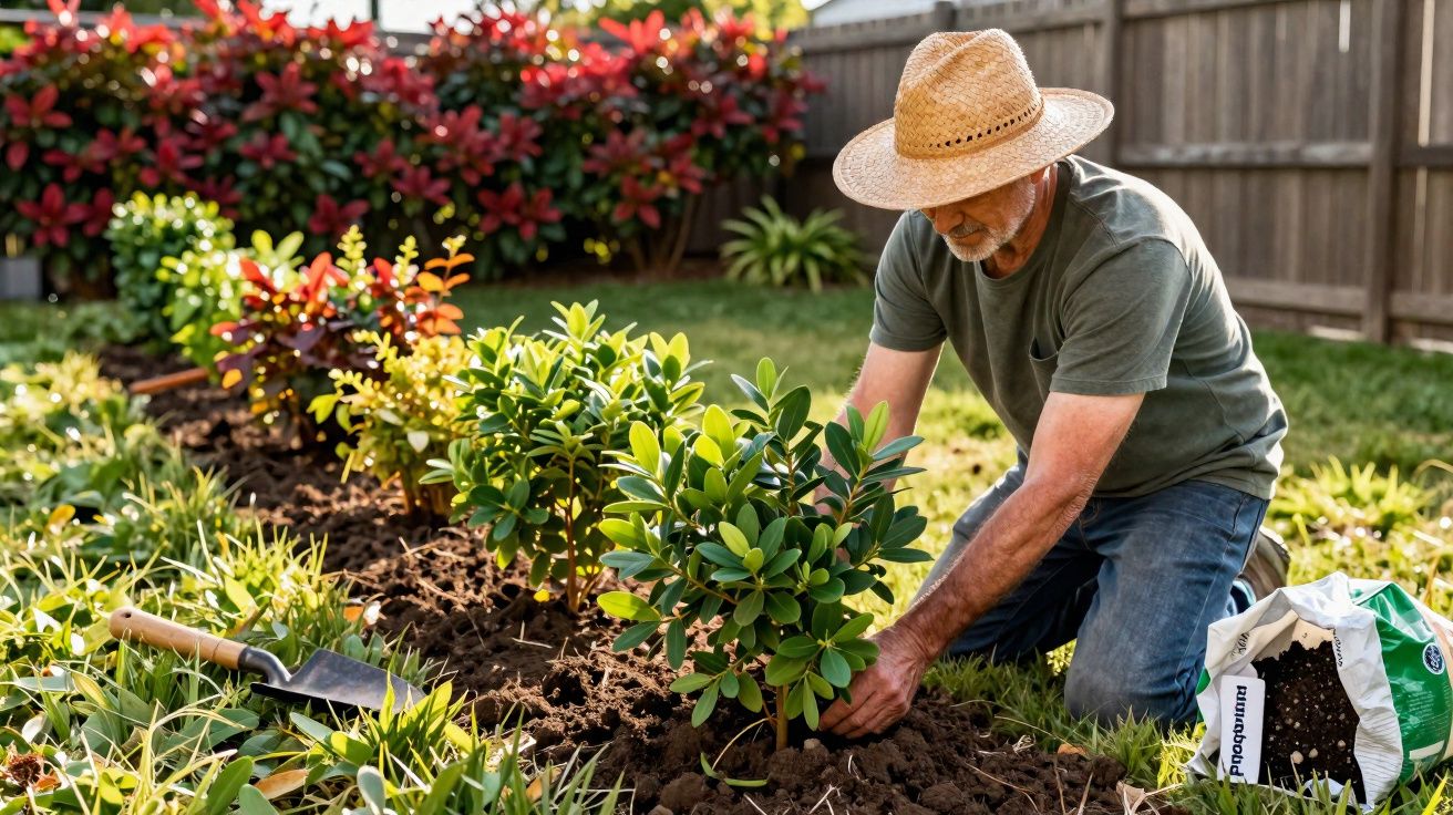 Elderly man wearing a straw hat planting a shrub in a sunlit garden with gardening tools nearby.